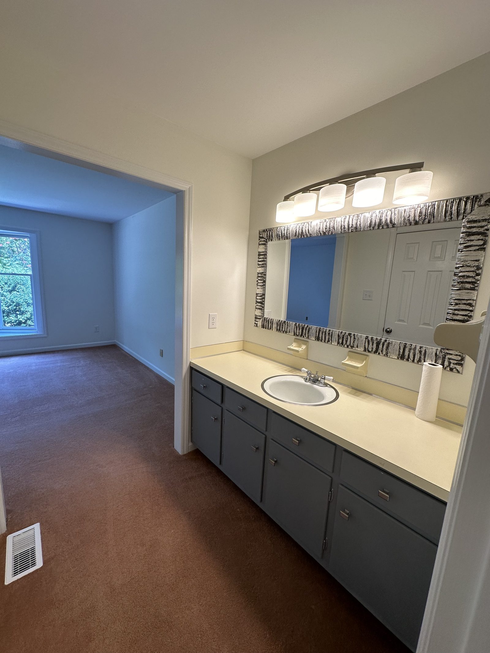 Bathroom with repainted walls and a gray vanity cabinet