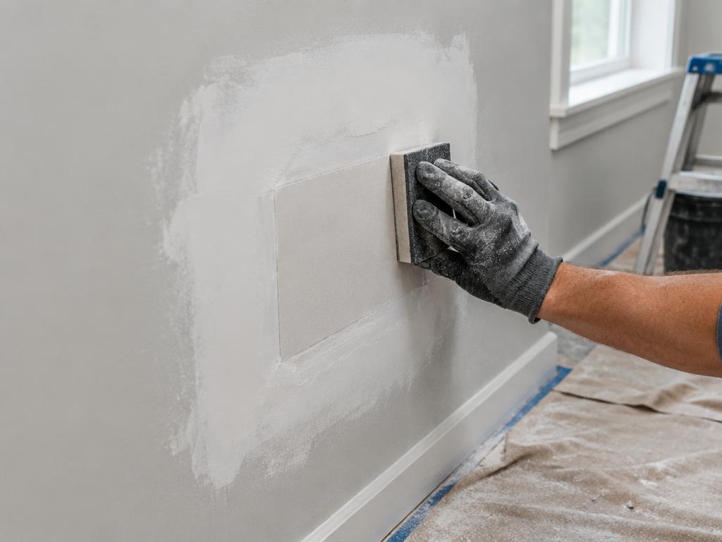 Feathered drywall patch being sanded before primer