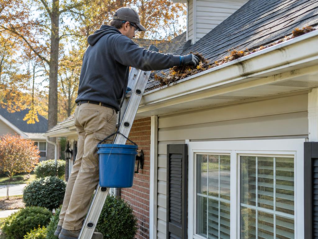Technician safely clearing leaves from a residential gutter