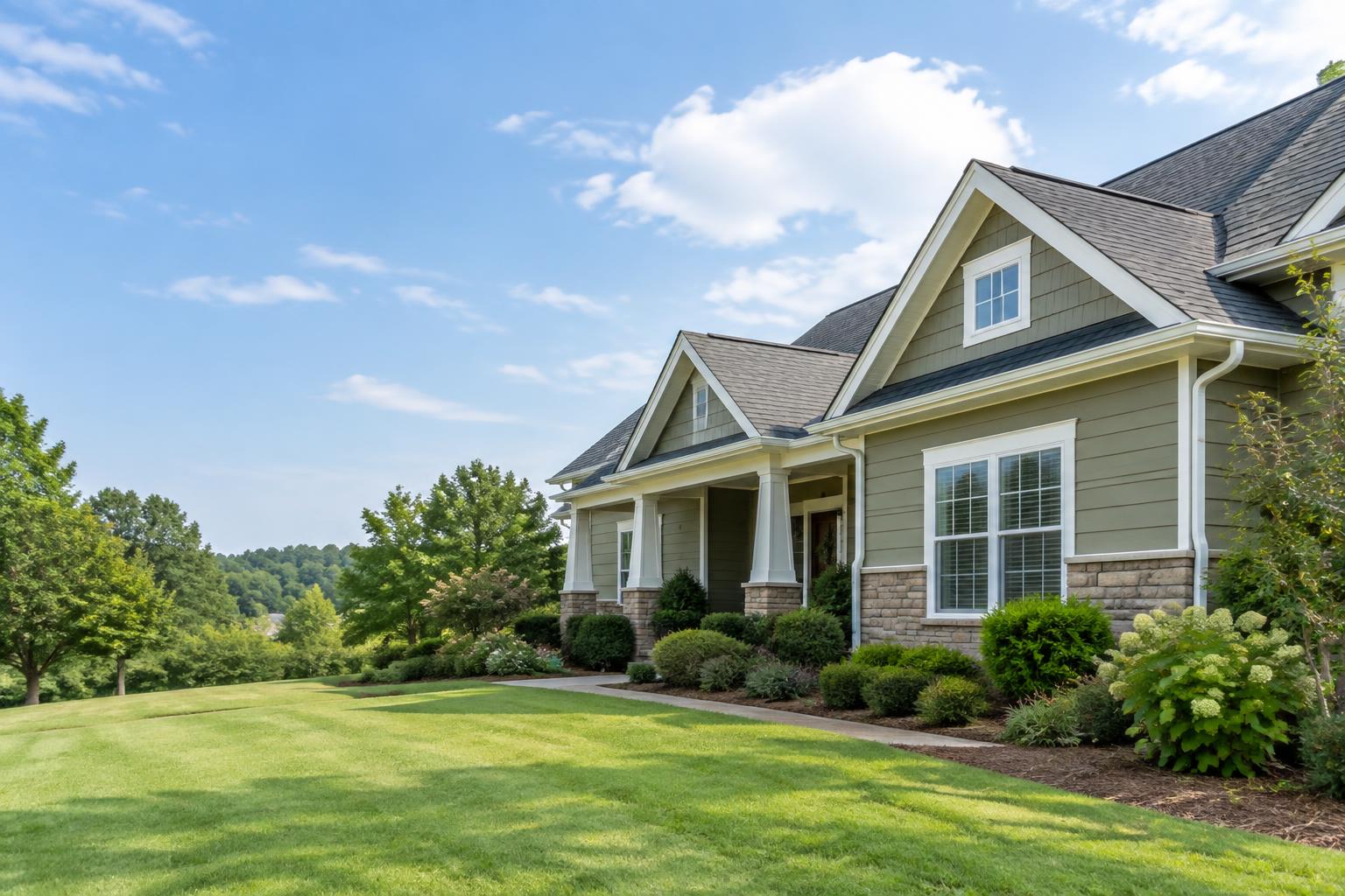 Clean white gutters and downspouts on a landscaped North Carolina home