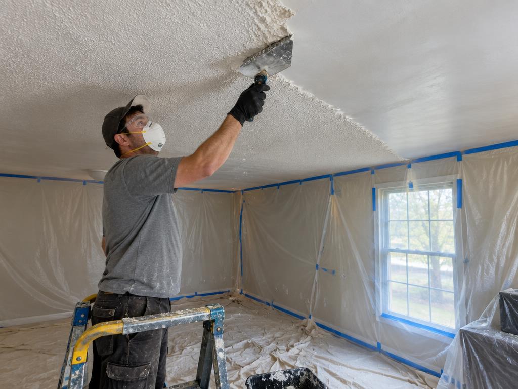 Room sealed in plastic before popcorn ceiling removal