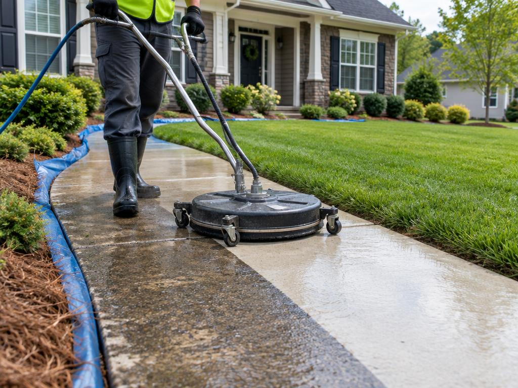 Concrete walkway being cleaned with a surface cleaner — pressure washing by Roca’s Painters of Mebane, NC