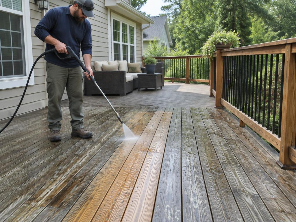 Weathered wood deck being washed before refinishing — pressure washing by Roca’s Painters of Mebane, NC
