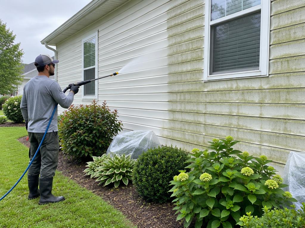 Residential siding being gently washed to remove organic buildup — pressure washing by Roca’s Painters of Mebane, NC