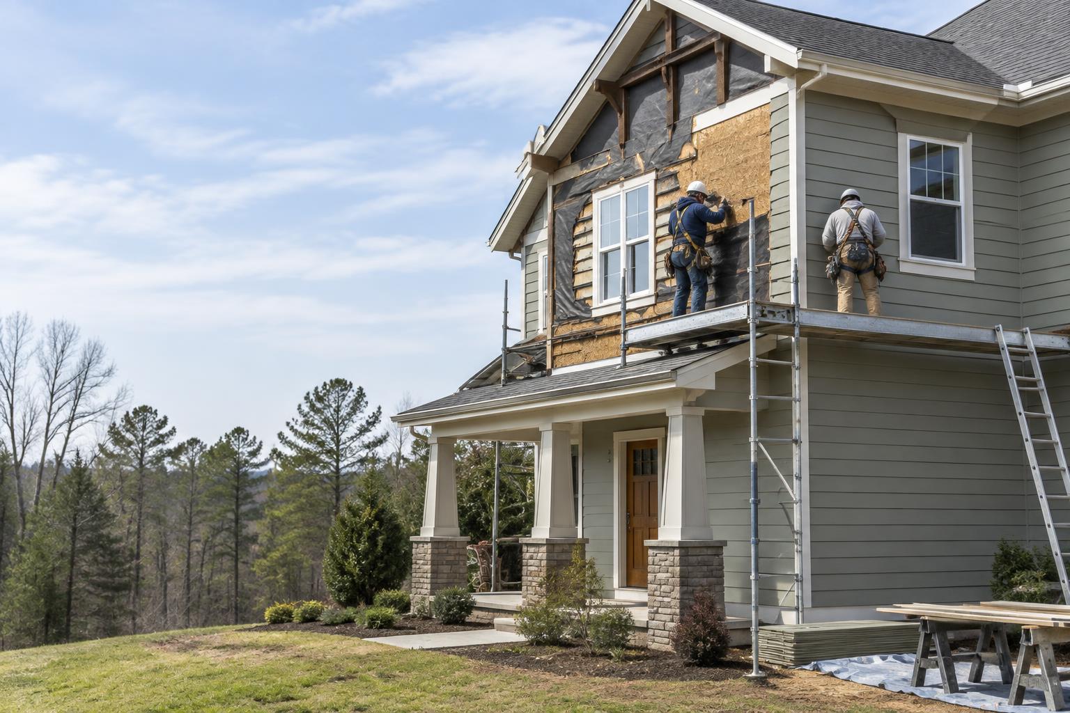Contractors replacing damaged siding on a two-story home using scaffolding