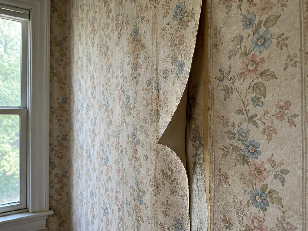 Old floral wallpaper with a lifted peeling seam before removal