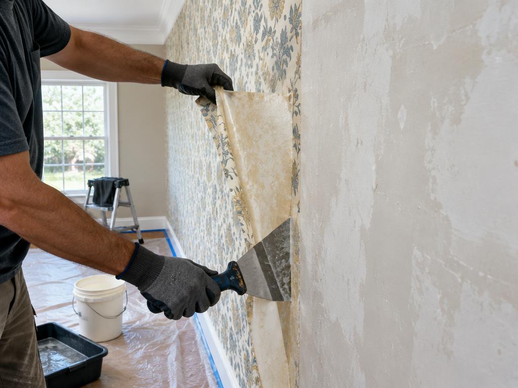 Wallpaper being carefully stripped from a protected interior wall
